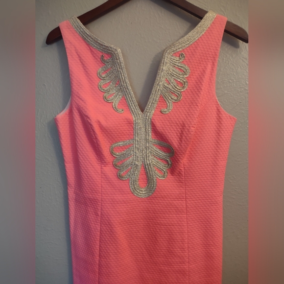 Lilly Pulitzer Janice Shift Dress Coral Reef Pink with Metallic Gold Embroidery. - Picture 4 of 13